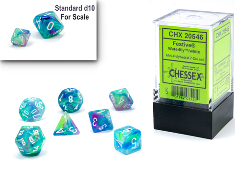 Festive Mini-Polyhedral Waterlily/white 7-Dice Set