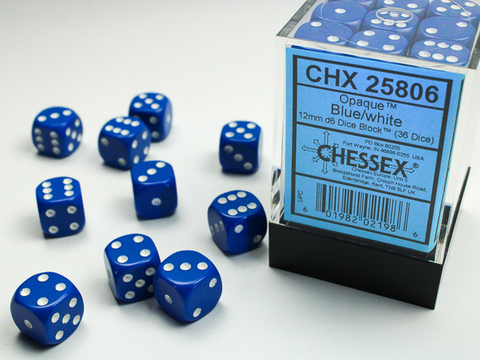 Opaque 12mm d6 Blue/ white Dice Block 36 Dice