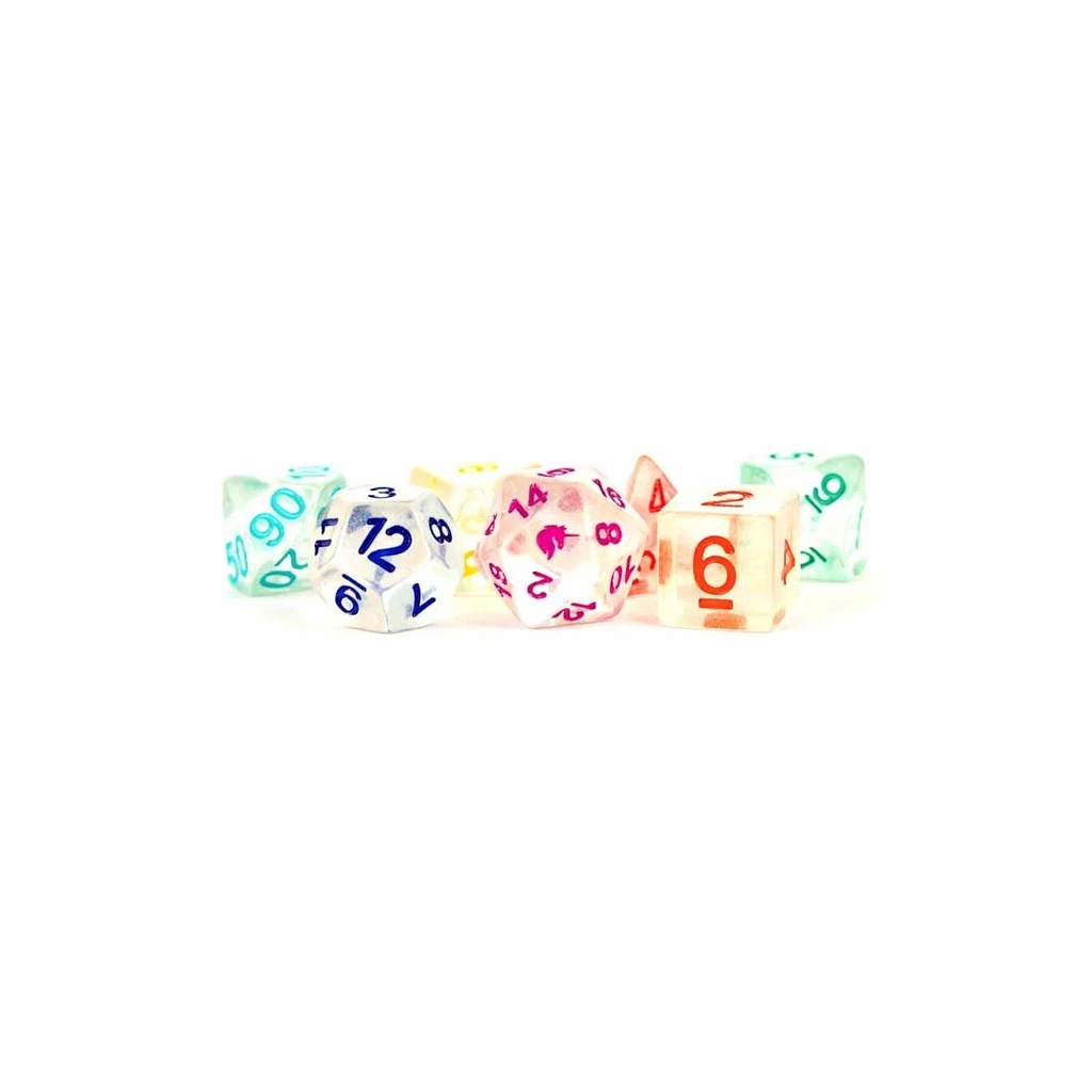 16mm Resin Polyhedral Dice Set: Unicorn Rainbow Ice