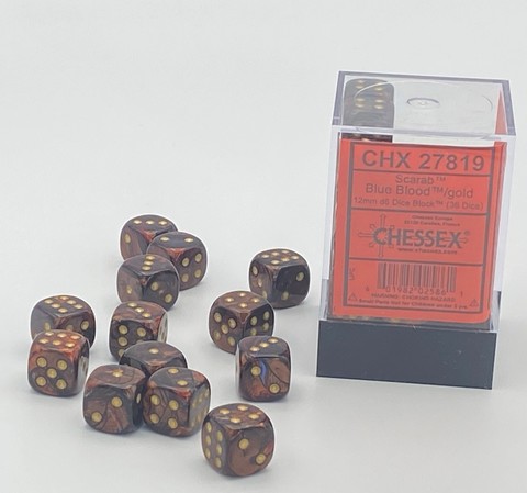 Scarab 12mm d6 Blue Blood/gold Dice Block (36 dice)