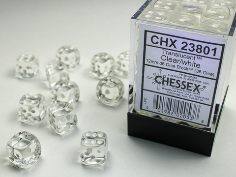 [2110000083922] Translucent 12mm d6 Clear/white Dice Block (36 dice)