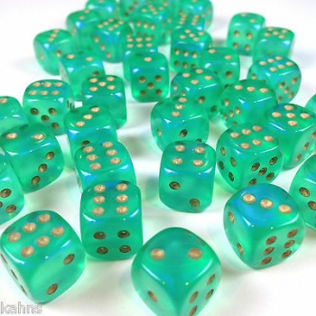 [2110000102593] Borealis 12mm d6 Light Green/gold Luminary Dice Block (36 dice)