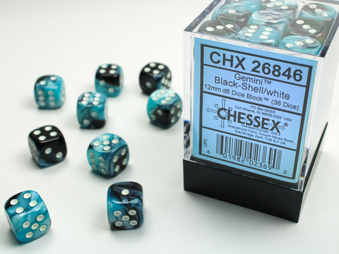 [2110000103392] Gemini 12mm d6 Black-Shell/white Dice Block (36 dice)