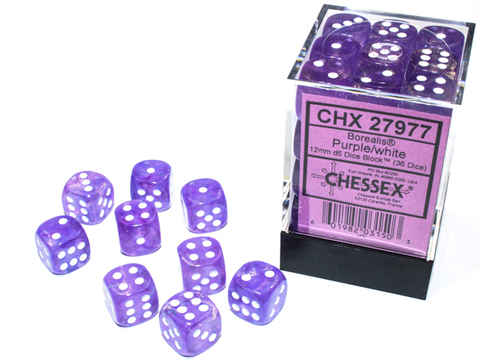 [2110000103958] Borealis 12mm d6 Purple/white Luminary Dice Block (36 dice)