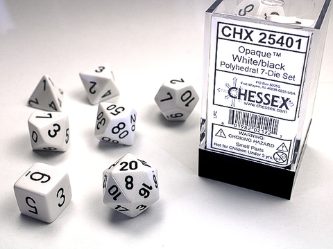 [2110000027551] WHITE W/BLACK OPAQUE POLYHEDRAL 7-DIE SETS