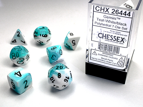 [2110000027674] WHITE-TEAL W/BLACK GEMINIT POLYHEDRAL 7-DIE