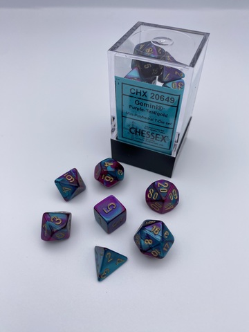 [2110000149307] Gemini Mini-Polyhedral Purple-Teal/Gold 7-Die