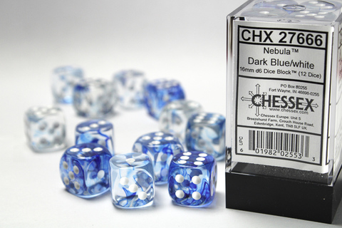 [2110000150136] Nebula 16mm d6 Dark Blue/white Dice Block (12 dice)