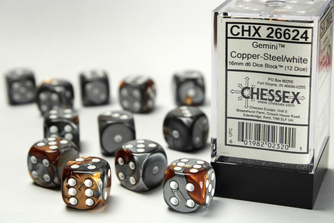 [2110000150143] Gemini 16mm d6 Copper-Steel/white Dice Block (12 dice)