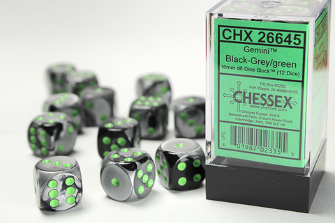 [2110000150129] Gemini 16mm d6 Black-Grey/green Dice Block (12 dice)