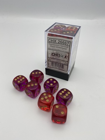 [2110000150198] Gemini 16mm d6 Translucent Red-Violet/gold Dice Block (12 dice)