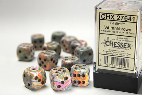 [2110000150266] Festive 16mm d6 Vibrant/brown Dice Block (12 dice)