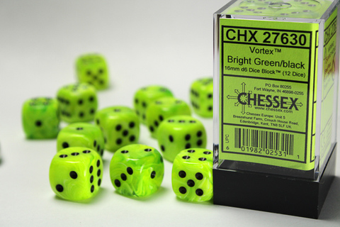 [2110000150167] Vortex 16mm d6 Bright Green/black Dice Block (12 dice)