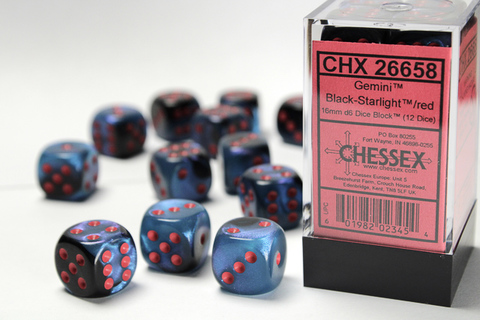 [2110000150303] Gemini 16mm d6 Black-Starlight/red Dice Block (12 dice)