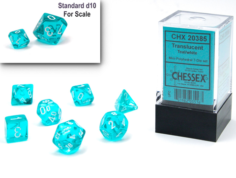 [2110000151362] Translucent Mini-Polyhedral Teal/white 7-Die Set