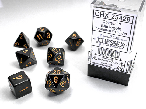 [2110000028091] BLACK W/GOLD OPAQUE POLYHEDRAL 7-DIE SETS