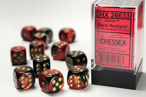 [2110000153045] Gemini 16mm d6 Black-Red/gold Dice Block (12 dice)