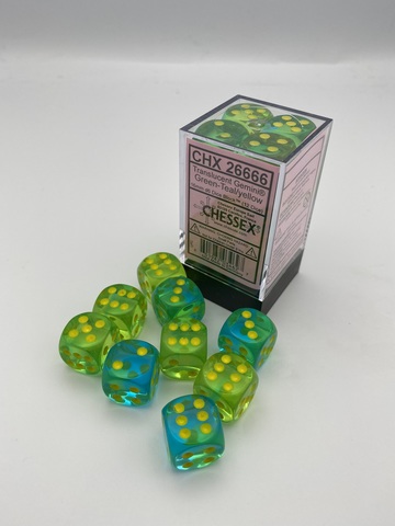 [2110000161590] Gemini 16mm d6 Translucent Green-Teal/yellow Dice Block (12 dice)