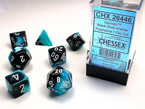 [2110000034092] Gemini Polyhedral Black-Shell/white 7-Die Set
