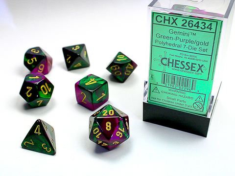 [2110000034054] Gemini Polyhedral Green-Purple/gold 7-Die Set