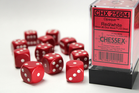 [P0042408] Opaque 16mm d6 Red/white Dice Block (12 dice)