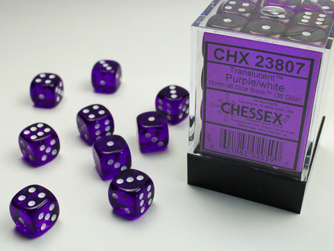 [2110000054762] Translucent 12mm d6 Purple/white Dice Block (36 dice)
