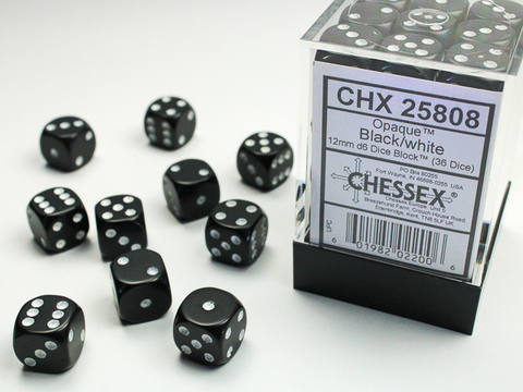 [2110000054830] Opaque 12mm d6 Black/white Dice Block (36 dice)