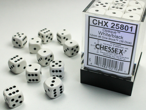 [2110000054793] Opaque 12mm d6 White/black Dice Block (36 dice)