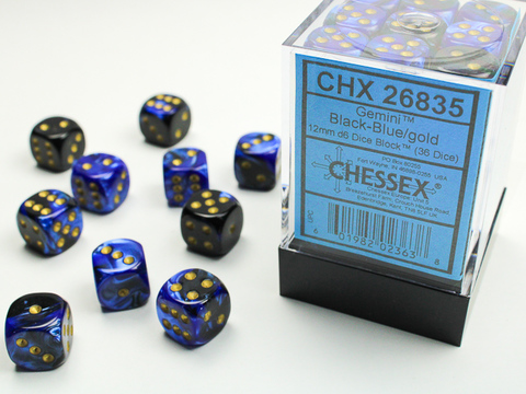 [2110000054977] Gemini 12mm d6 Black-Blue/gold Dice Block (36 dice)