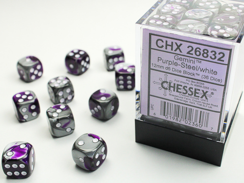 [2110000054953] Gemini 12mm d6 Purple-Steel/white Dice Block (36 dice)
