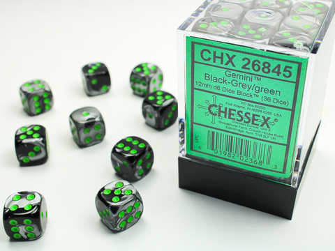 [2110000054991] Gemini 12mm d6 Black-Grey/green Dice Block (36 dice)