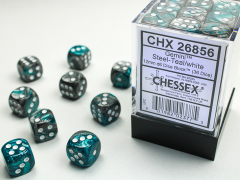 [2110000055028] Gemini 12mm d6 Steel-Teal/white Dice Block (36 dice)