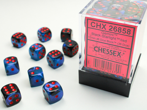 [2110000055035] Gemini 12mm d6 Black-Starlight/red Dice Block (36 dice)