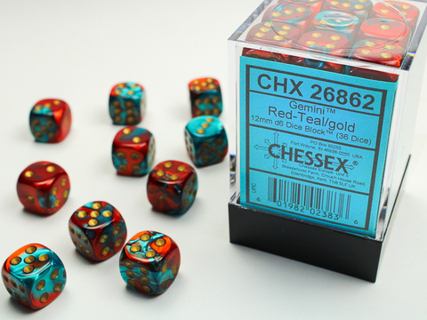 [2110000055066] Gemini 12mm d6 Red-Teal/gold Dice Block (36 dice)