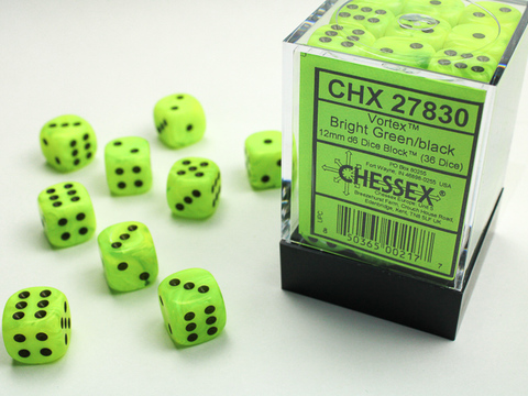 [2110000055165] Vortex 12mm d6 Bright Green/black Dice Block (36 dice)