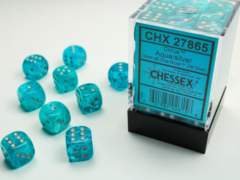 [2110000055233] Cirrus 12mm d6 Aqua/silver Dice Block (36 dice)