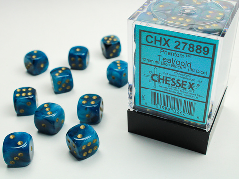 [2110000055288] Phantom 12mm d6 Teal/gold Dice Block (36 dice)
