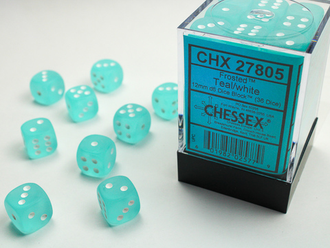 [2110000056223] Frosted 12mm d6 Teal/white Dice Block (36 dice)
