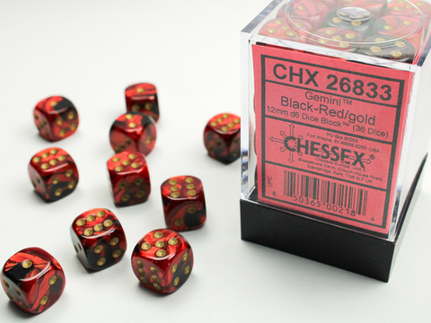 [2110000056209] Gemini 12mm d6 Black-Red/gold Dice Block (36 dice)