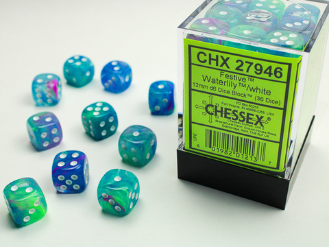 [2110000056254] Festive 12mm d6 Waterlily/white Dice Block (36 dice)