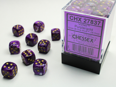 [2110000056230] Vortex 12mm d6 Purple/gold Dice Block (36 dice)